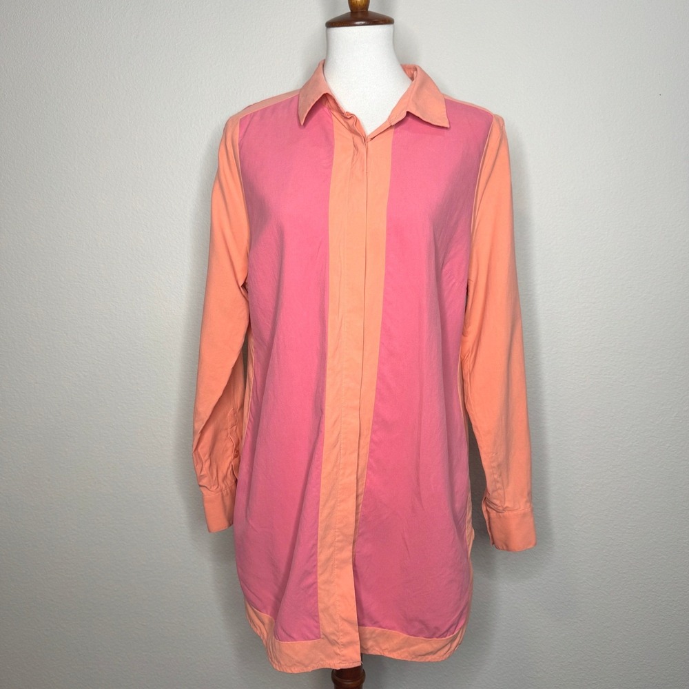 SOFT SURROUNDINGS Washable Silk Tunic Blouse LG Colorblock Pink Orange Coral